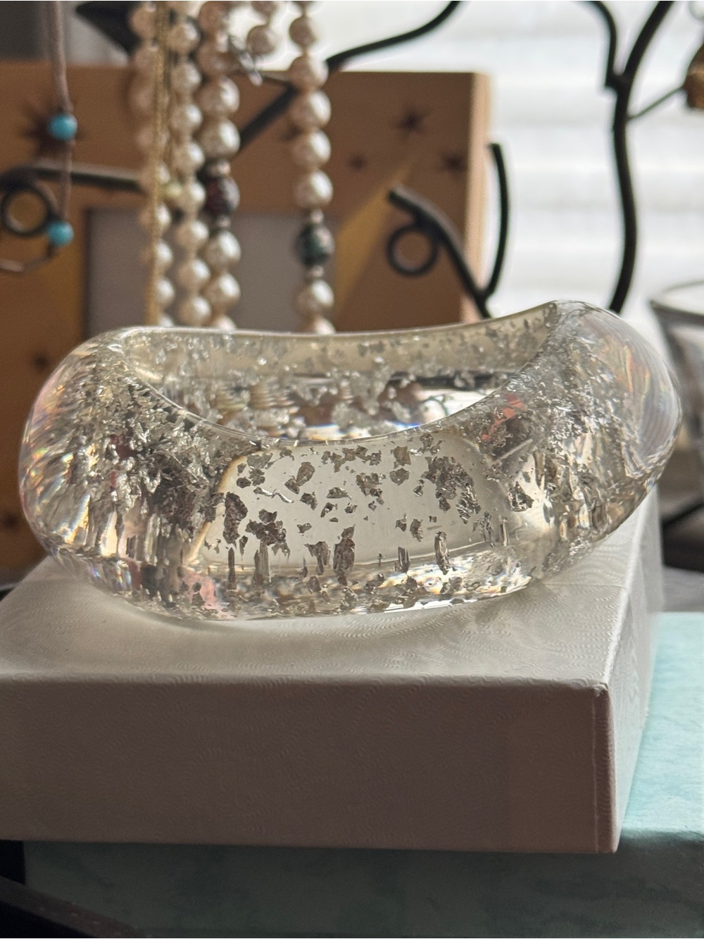 Clear Modernist Chunky Lucite Bangle Bracelet with Silver Flakes